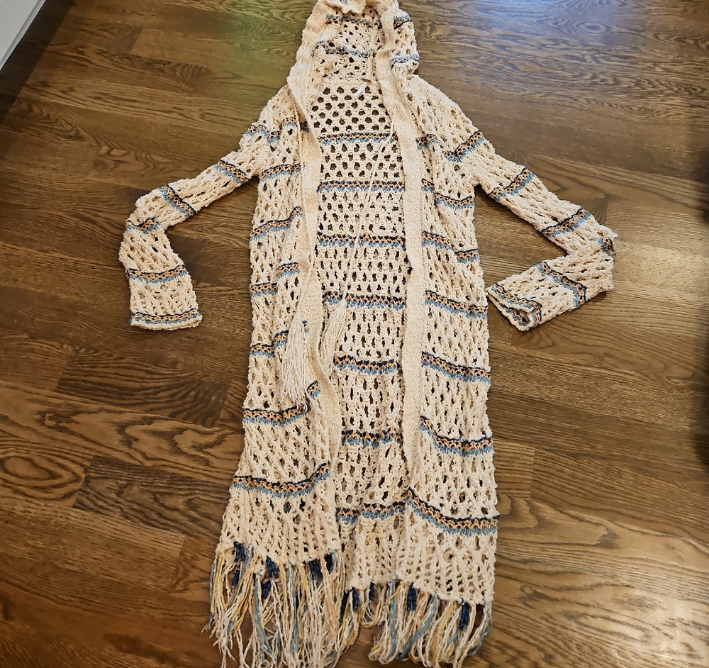 Free People Cardigan Long Sweater Sunblock Cardi Mesh Knit Fringed Ivory Size S